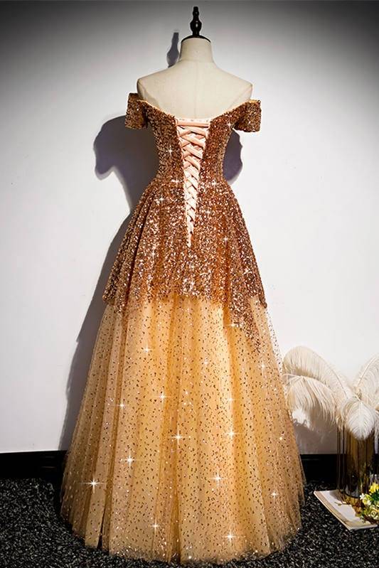 Gold Sequined Tulle Off-The-Shoulder A-Line Evening Dresses