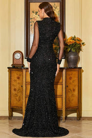 Black High Neck Sequined Long Sleeves Evening Dresses with Slit