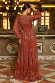 Brown Long Sleeves A-Line Sequin Tulle Evening Dresses with Slit