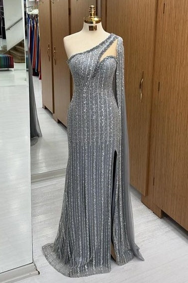 Stylish Floor-Length Sequined Mermaid One-Shoulder Split Front Prom Dresses with Watteau Train