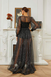 Black A-Line Long Sleeves Tulle Sequin Prom Dresses