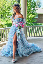 Fashionable Off-The-Shoulder A-Line Floral Prom Dresses with Slit