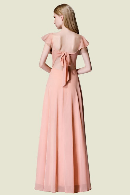 Pearl Pink V-Neck A-Line Chiffon Long Bridesmaid Dresses with Open Back