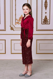 Red V-Neck Tea-Length Sequin Teen Girl Prom Dresses with Long Sleeves