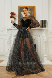 Black A-Line Long Sleeves Tulle Sequin Prom Dresses