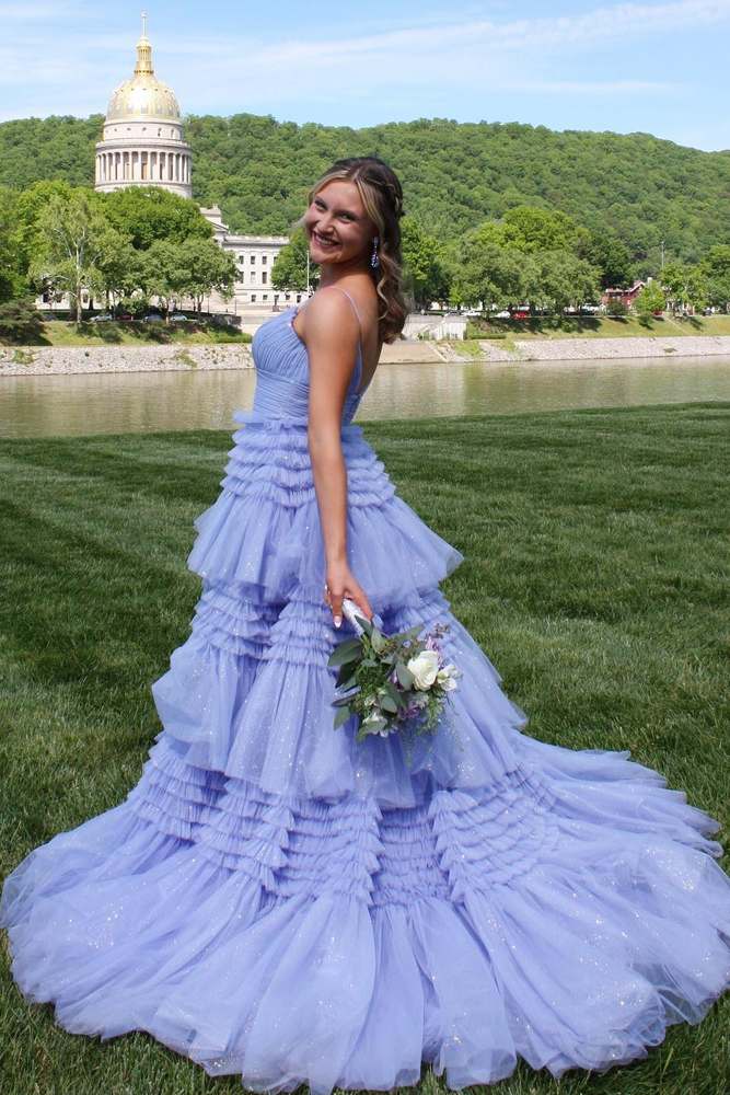 Lavender Tiered V-Neck A-Line Tulle Spaghetti Straps Formal Dresses