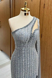 Stylish Floor-Length Sequined Mermaid One-Shoulder Split Front Prom Dresses with Watteau Train