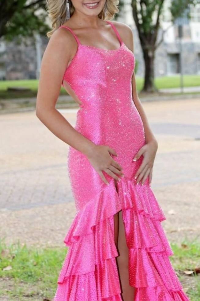 Pink Tiered Spaghetti Straps Sequined Mermaid Prom Dresses with Slit