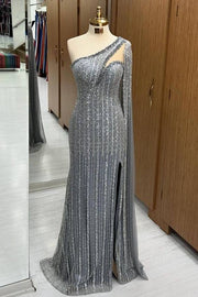 Stylish Floor-Length Sequined Mermaid One-Shoulder Split Front Prom Dresses with Watteau Train