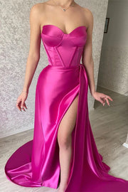 Fuchsia Mermaid Strapless Sweetheart Satin Long Prom Dresses with Slit