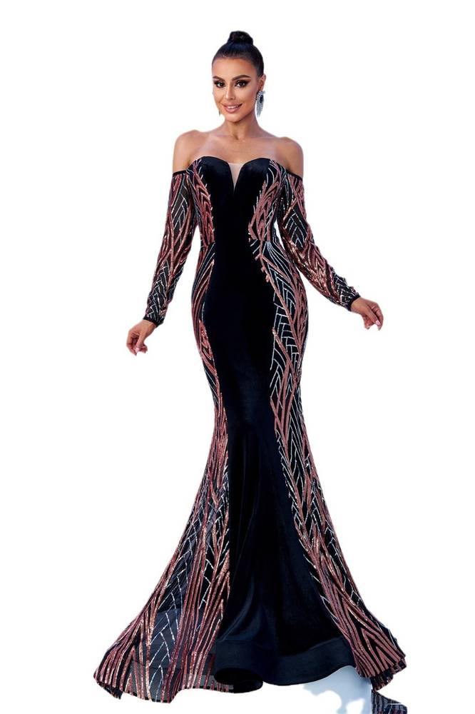 Mermaid Sequin Off-The-Shoulder V-Neck Evening Dresses with Long Sleeves