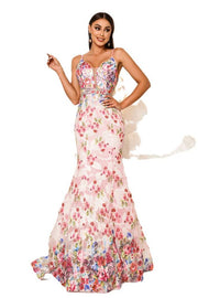 Mermaid V-Neck Spaghetti Straps Floral Evening Dresses