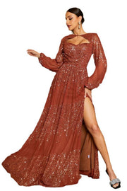 Brown Long Sleeves A-Line Sequin Tulle Evening Dresses with Slit