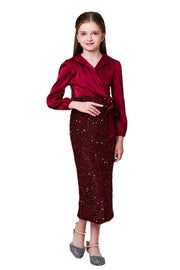 Red V-Neck Tea-Length Sequin Teen Girl Prom Dresses with Long Sleeves