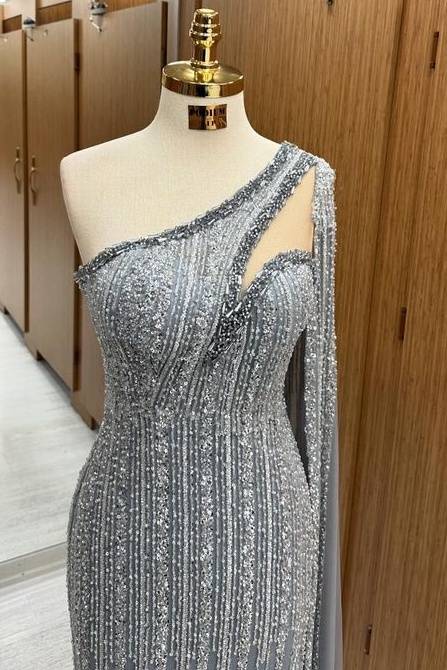 Stylish Floor-Length Sequined Mermaid One-Shoulder Split Front Prom Dresses with Watteau Train