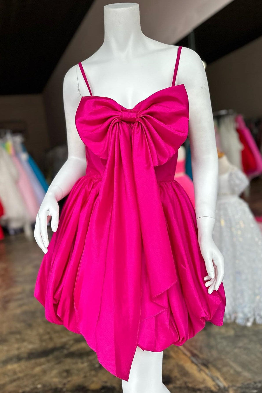 Fuchsia Spaghetti Straps A-Line Short Party Dresses with Bow