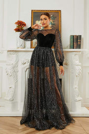 Black A-Line Long Sleeves Tulle Sequin Prom Dresses