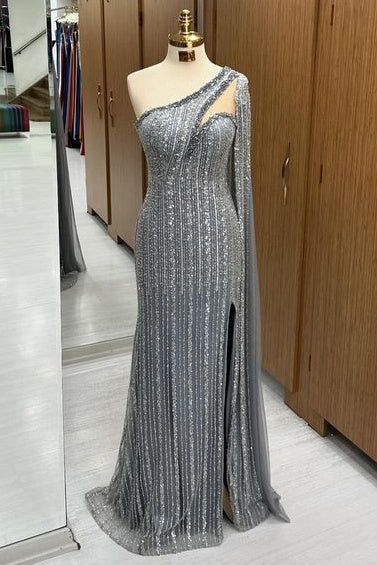 Stylish Floor-Length Sequined Mermaid One-Shoulder Split Front Prom Dresses with Watteau Train