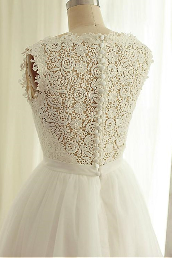 White Jewel Neck Sleeveless A-Line Lace Tulle Wedding Dresses