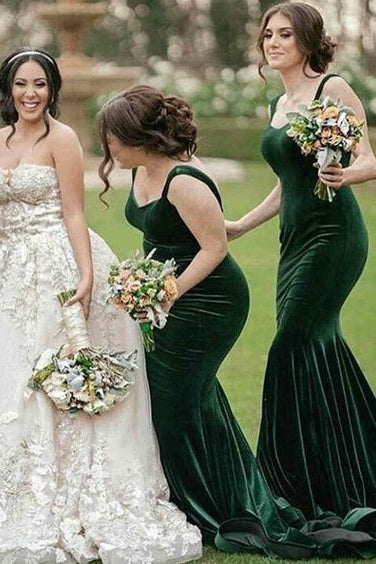 Dark Green Mermaid Velvet Sleeveless Bridesmaid Dresses