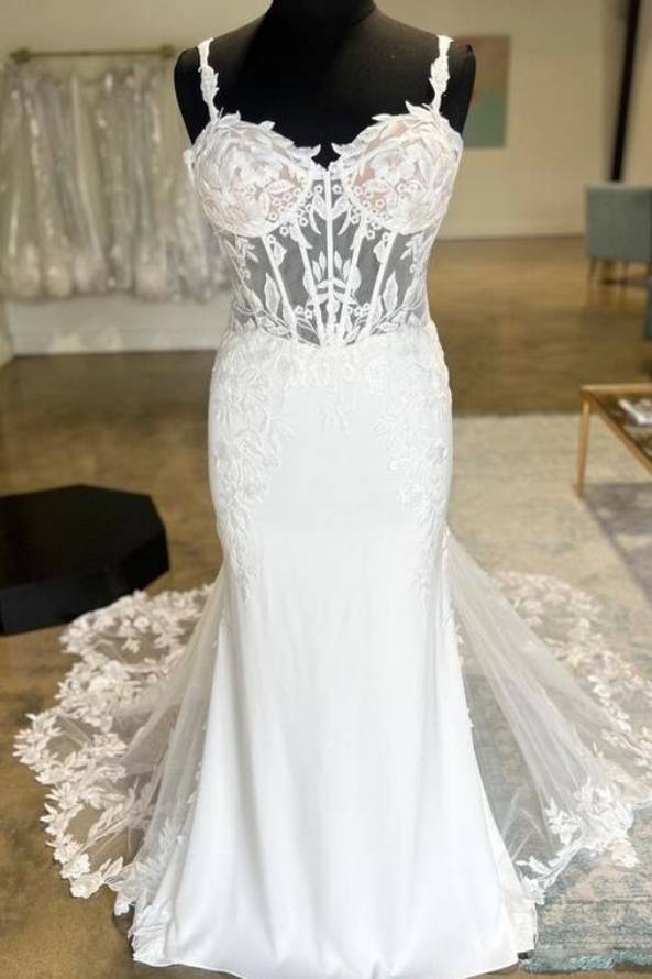 White Sweetheart Sleeveless Mermaid Lace Tulle Wedding Dresses with Train