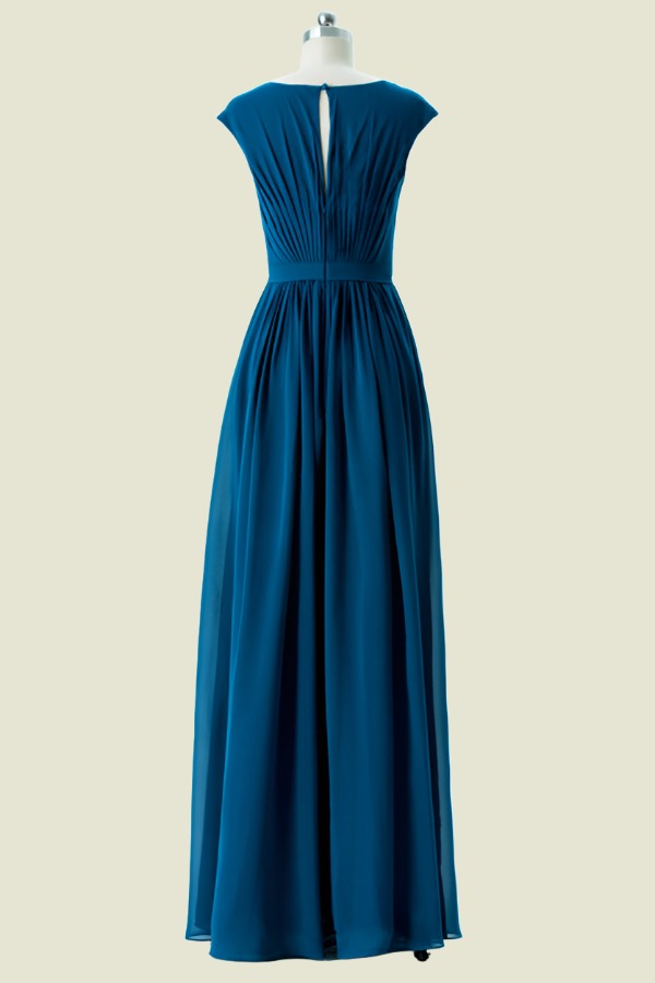 Ink Blue A-Line Cap Sleeves Chiffon Floor-Length Bridesmaid Dresses with Ruffles