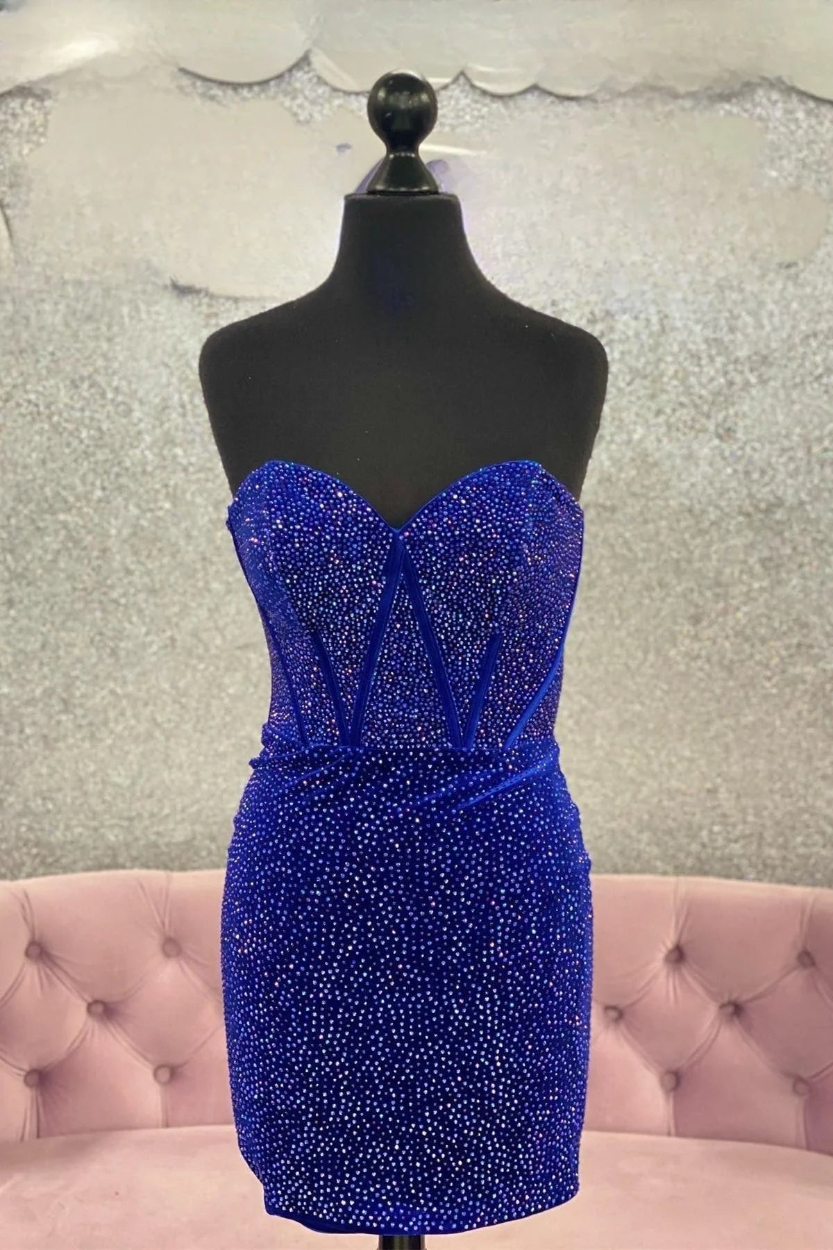 Royal Blue Sequined Strapless Sweetheart Sheath Short Homecoming Dresses