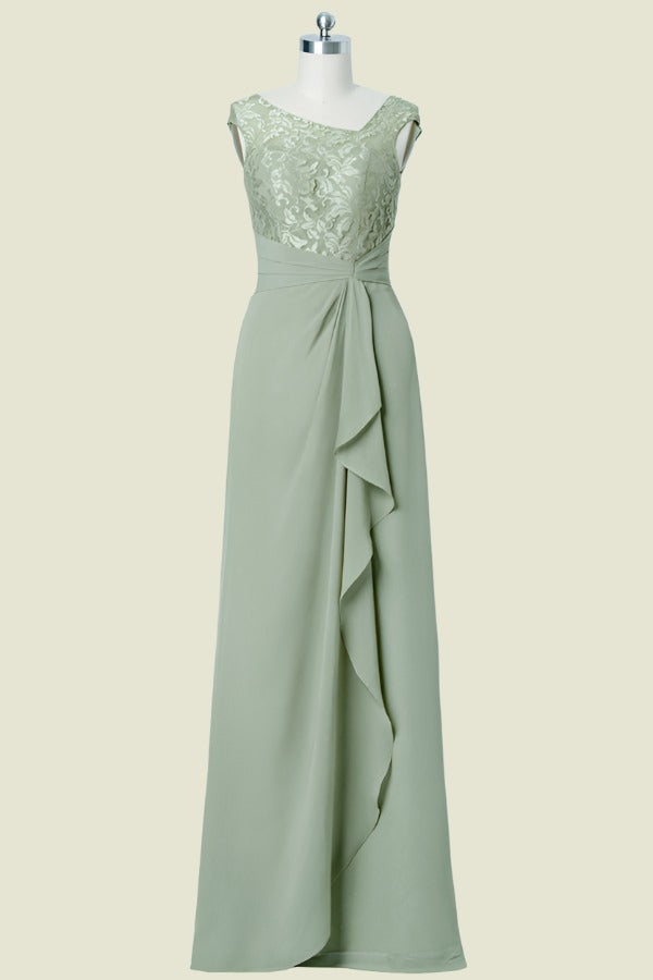 Dusty Sage Asymmetrical A-Line Floor-Length Chiffon Bridesmaid Dresses