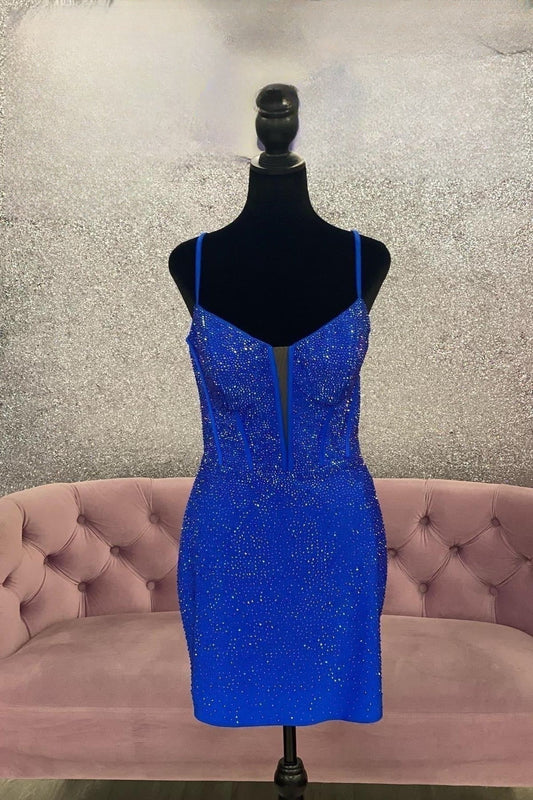 Royal Blue Plunging Neck Bodycon Short Homecoming Dress with Rhinestone