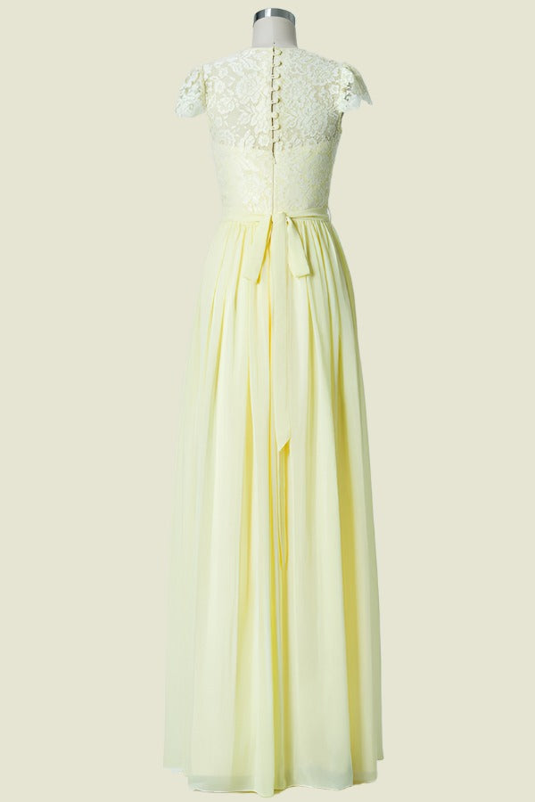 Daffodil Capped Floor-Length Crew Neck A-Line Chiffon Bridesmaid Dresses