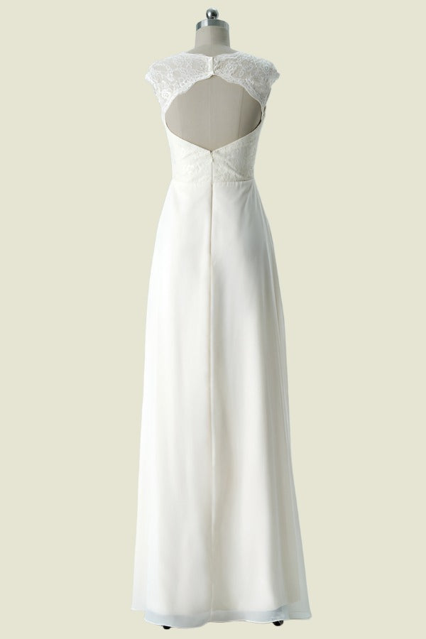 Ivory V-Neck A-Line Chiffon Lace Sleeveless Floor-Length Bridesmaid Dresses with Open Back