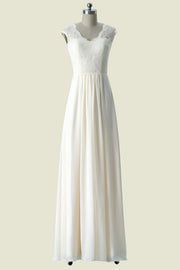 Ivory V-Neck A-Line Chiffon Lace Sleeveless Floor-Length Bridesmaid Dresses with Open Back