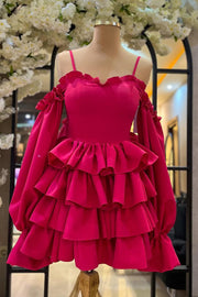 Fuchsia Tiered Off-The-Shoulder Long Sleeves A-Line Satin Short Homecoming Dresses