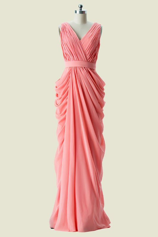 Coral V Neck A-Line Pleated Chiffon Long Bridesmaid Dress Front Side