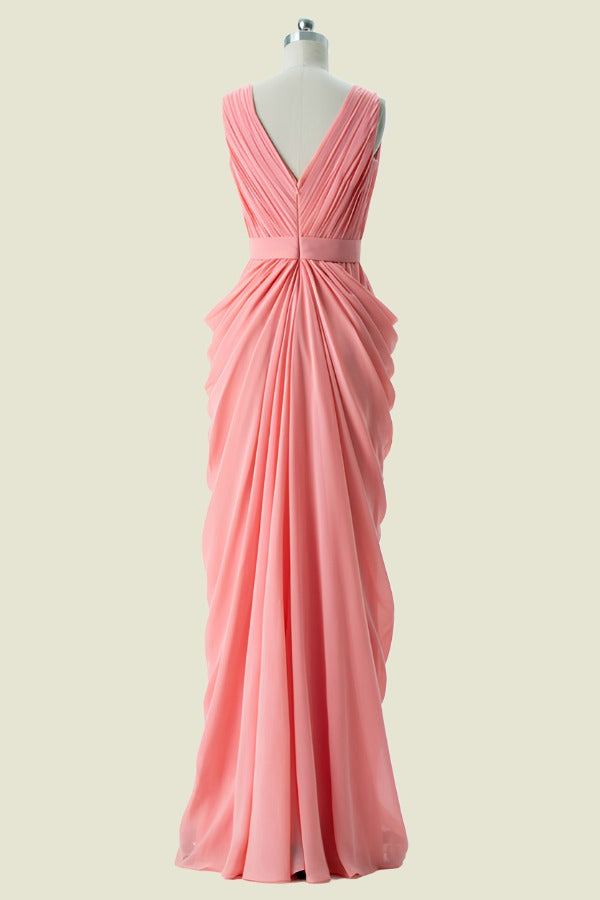 Coral V-Neck Sheath Chiffon Floor-Length Bridesmaid Dresses with Ruffles