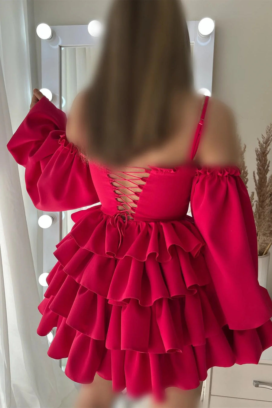 Fuchsia Tiered Off-The-Shoulder Long Sleeves A-Line Satin Short Homecoming Dresses