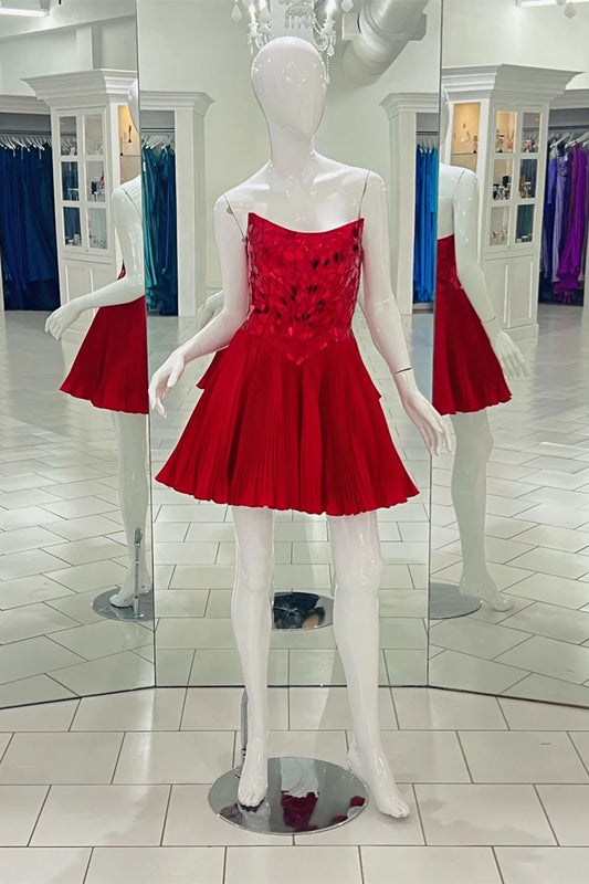 Red Spaghetti Straps Cut Mirror Sequin A Line Short Homecoming Dress