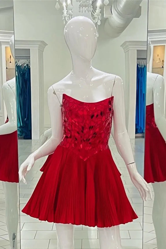 Red Strapless Cut Mirror Sequined A-Line Short Homecoming Dresses