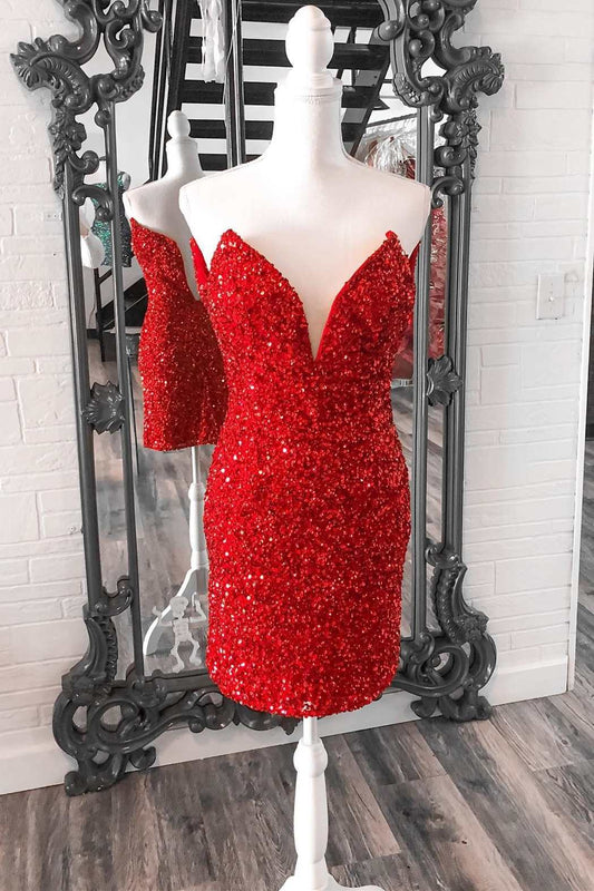 Tight V Neck Red Sequins Short Homecoming Dress