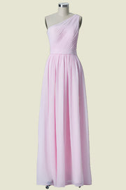 Blushing Pink One-Shoulder A-Line Floor-Length Chiffon Bridesmaid Dresses