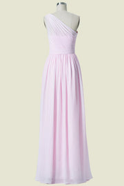 Blushing Pink One-Shoulder A-Line Floor-Length Chiffon Bridesmaid Dresses