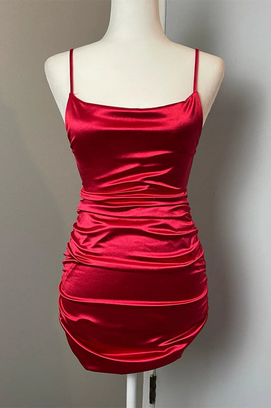 Spaghetti Straps Red Bodycon Short Homecoming Dress