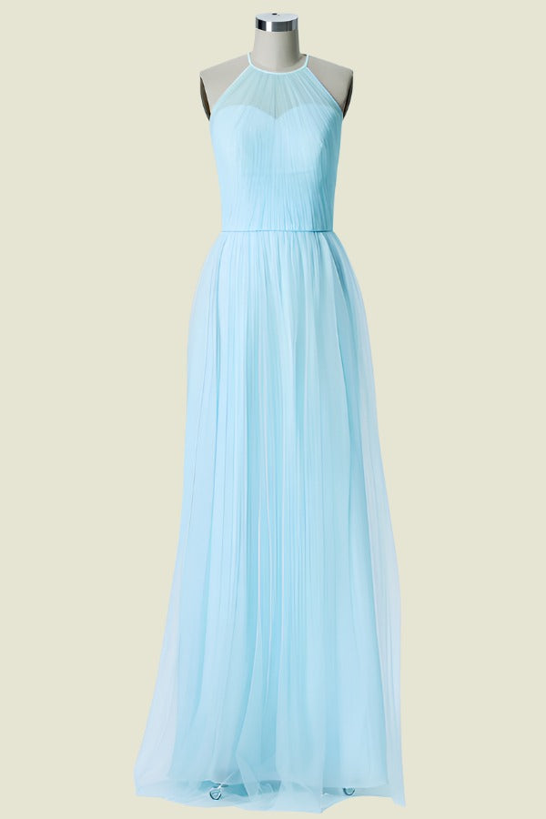 Light Blue Floor-Length Sleeveless Crew Neck A-Line Chiffon Bridesmaid Dresses