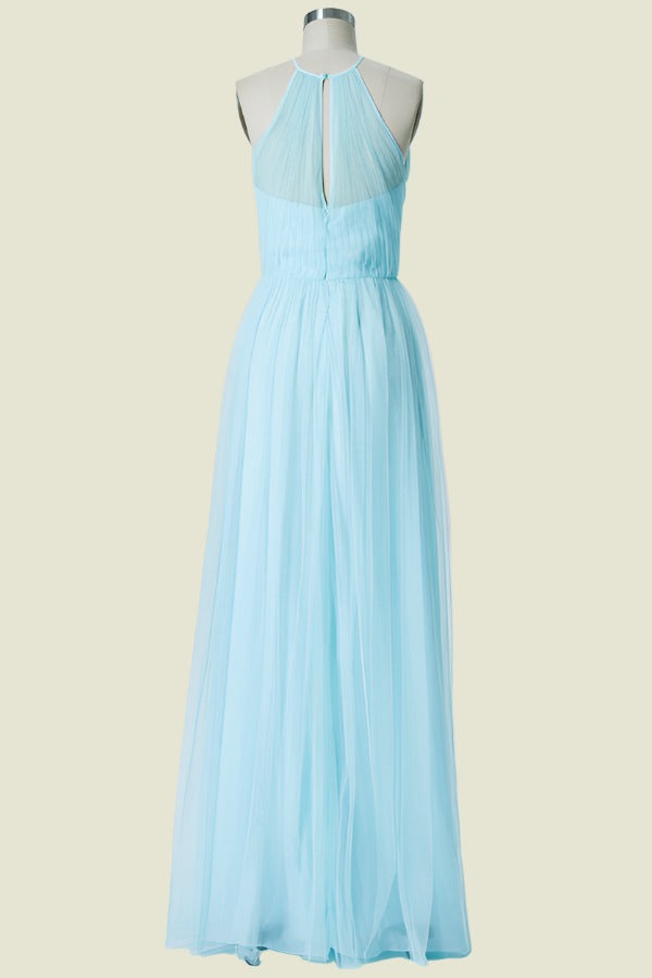 Light Blue Floor-Length Sleeveless Crew Neck A-Line Chiffon Bridesmaid Dresses