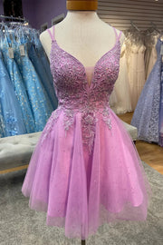 Purple V-Neck Backless A-Line Short Tulle Homecoming Dresses with Appliques