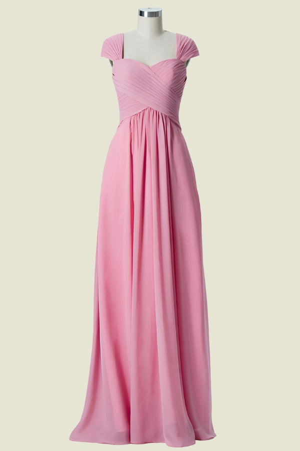 Candy Pink Sweetheart Cap Sleeves A-Line Chiffon Floor-Length Bridesmaid Dresses