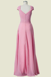 Candy Pink Sweetheart Cap Sleeves A-Line Chiffon Floor-Length Bridesmaid Dresses