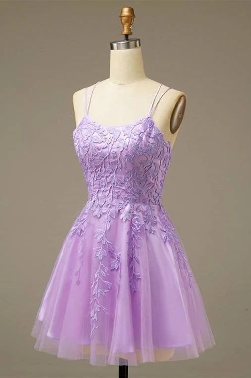 Lavender Double Straps A Line Short Homecoming Dress with Applique