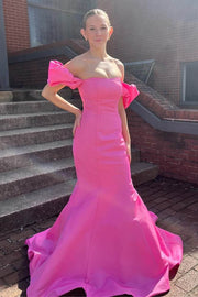 Fuchsia Off-The-Shoulder Short Sleeves Mermaid Satin Long Prom Dresses