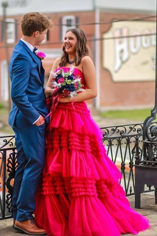 Fuchsia Strapless Tiered Tulle A-Line Formal Party Dresses with Slit